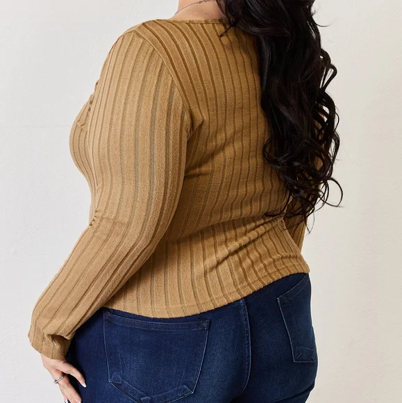 Tan Ribbed Long Sleeve Full Size Top - Picture 3 of 14